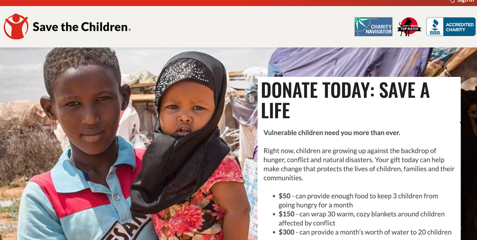 This is an image of a landing page for Save the Children.