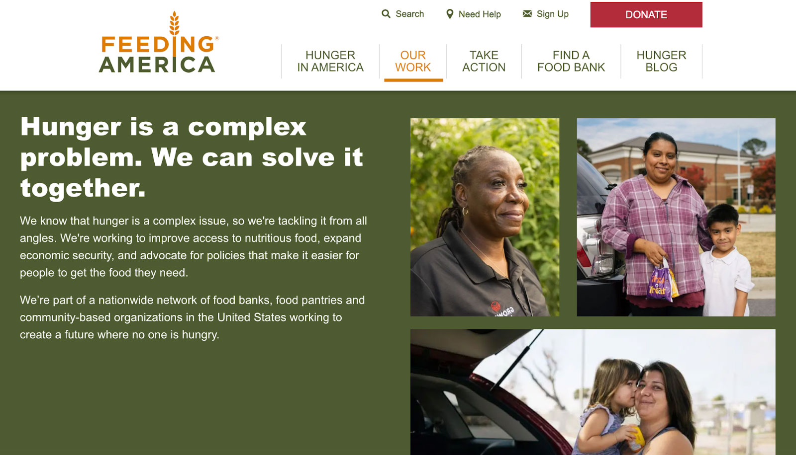 This is an image of a landing page for charitable organization Feeding America.